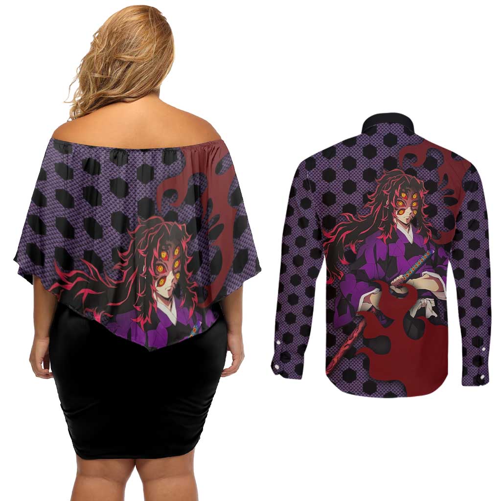 Kokushibou - Demon Slayer Couples Matching Off Shoulder Short Dress and Long Sleeve Button Shirt Anime Style