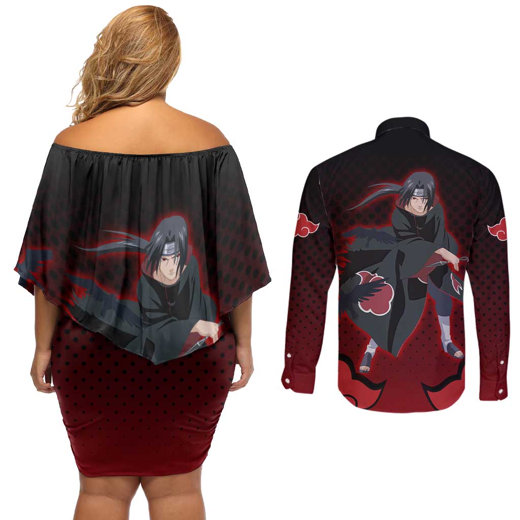 Akatsuki Itachi Uchiha - Naruto Couples Matching Off Shoulder Short Dress and Long Sleeve Button Shirt Anime Style