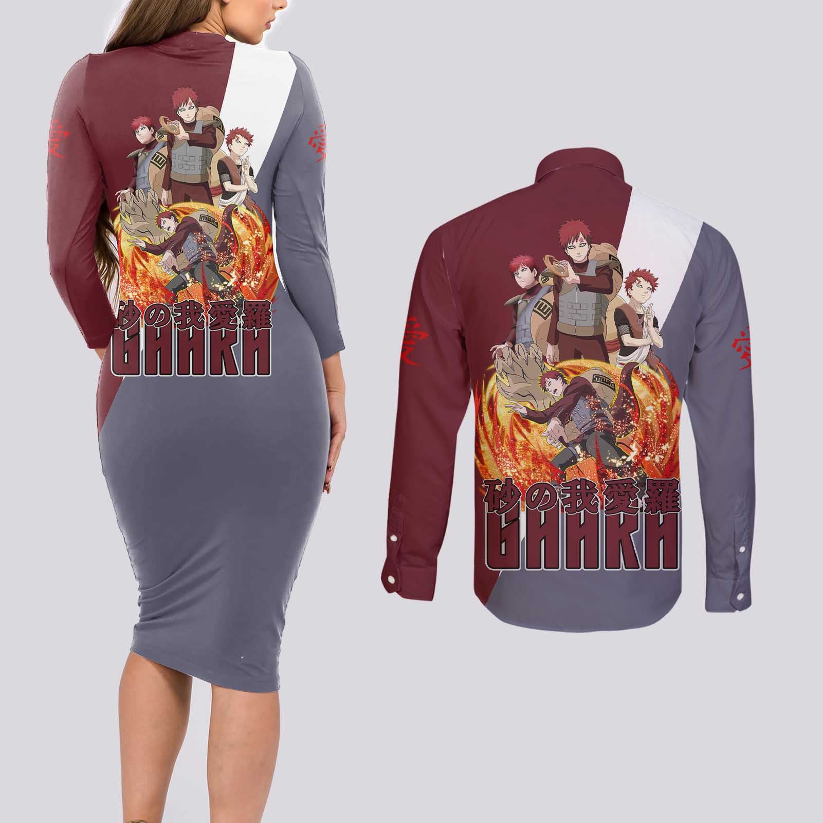 Gaara - Naruto Couples Matching Long Sleeve Bodycon Dress and Long Sleeve Button Shirt Anime Style