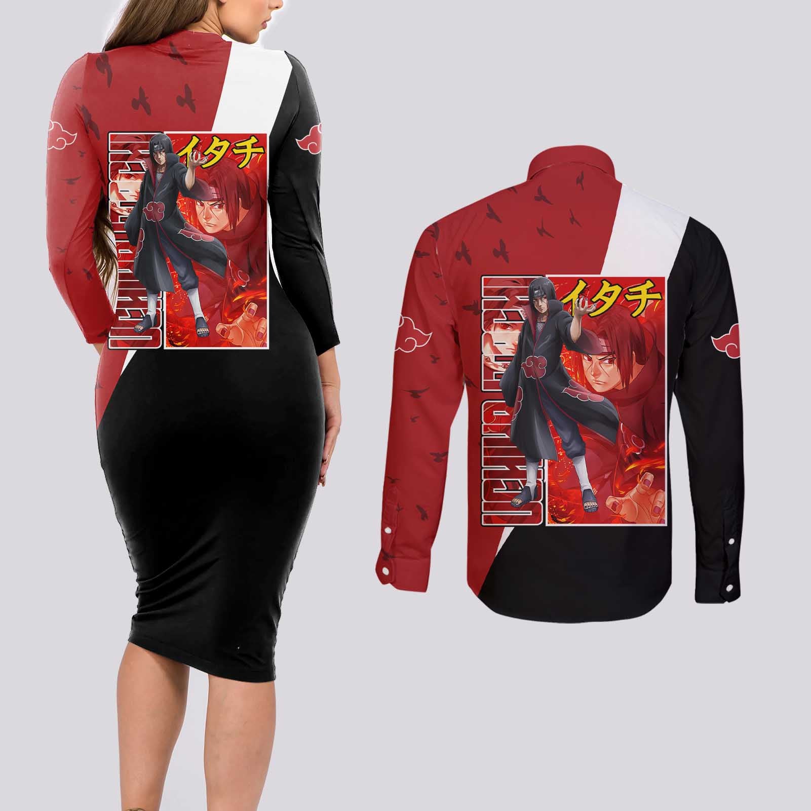 Uchiha Itachi - Naruto Couples Matching Long Sleeve Bodycon Dress and Long Sleeve Button Shirt Anime Style