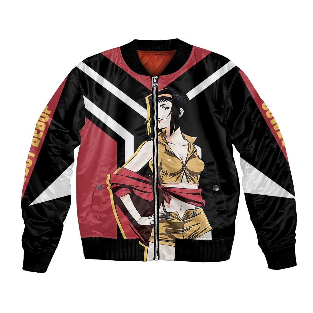 Faye Valentine Cowboy Bebop Bomber Jacket with Confident Pose and Stylish Space Design - The Mazicc