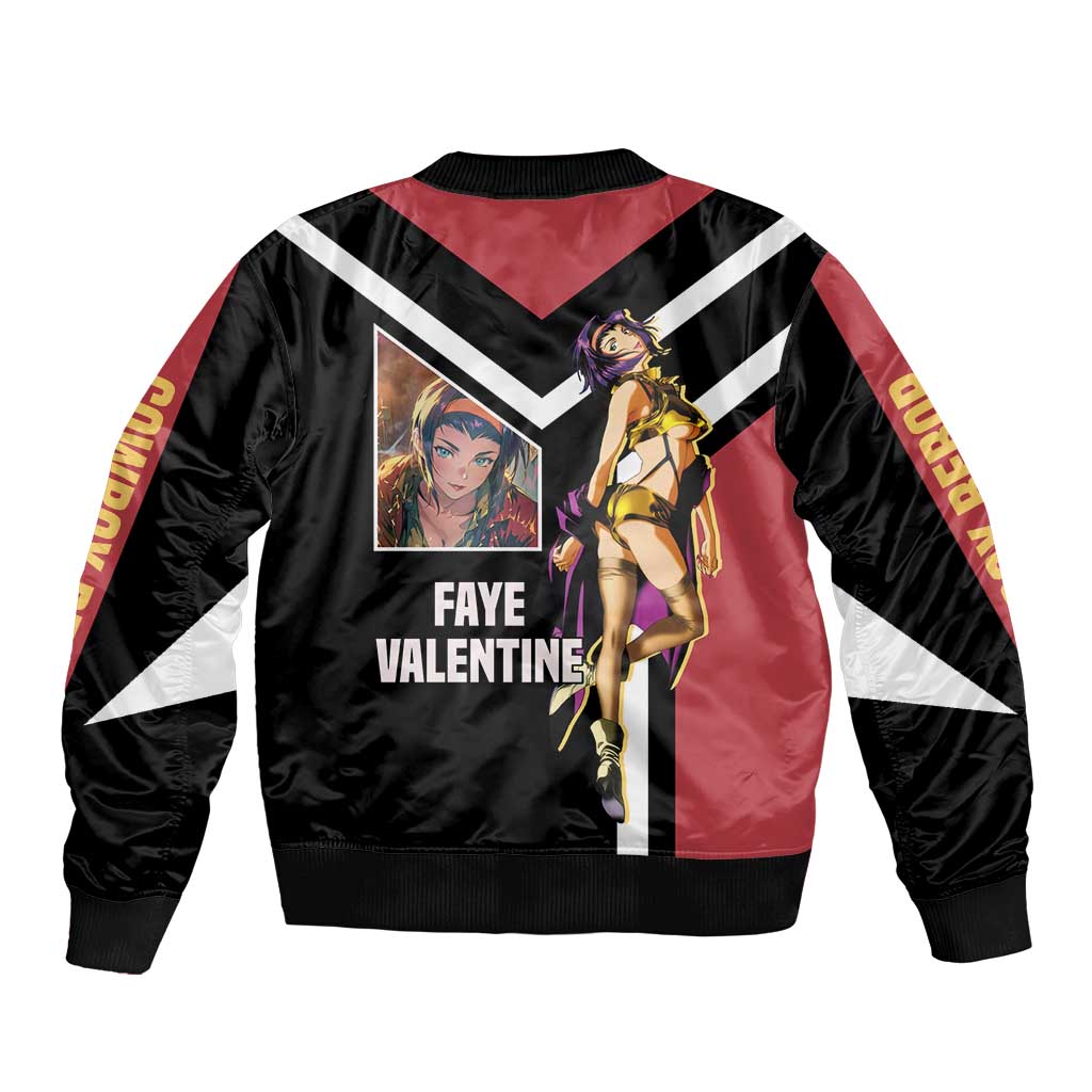 Faye Valentine Cowboy Bebop Bomber Jacket with Confident Pose and Stylish Space Design - The Mazicc