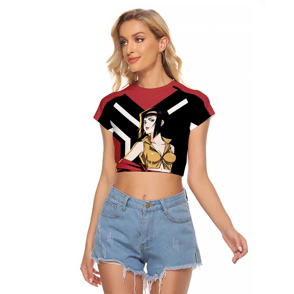 Faye Valentine Cowboy Bebop Raglan Cropped T Shirt with Confident Pose and Stylish Space Design - The Mazicc