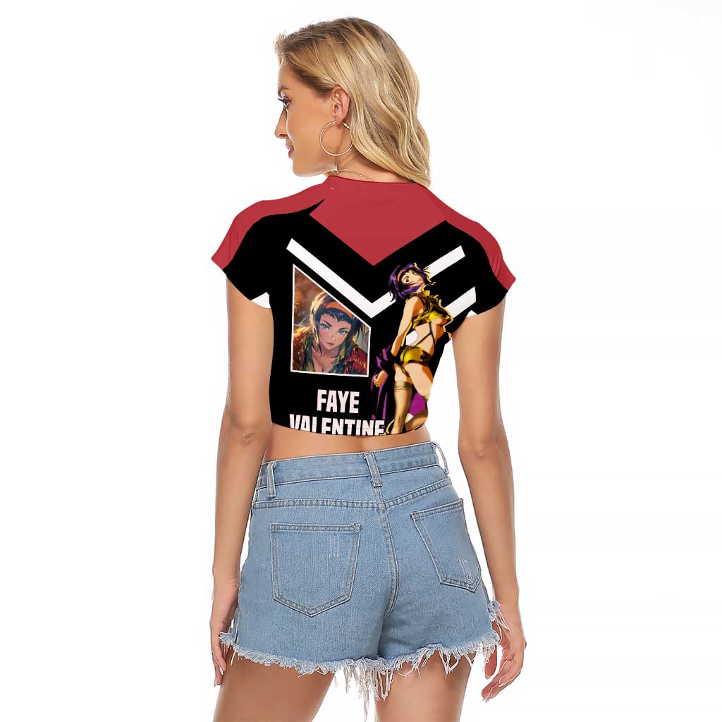 Faye Valentine Cowboy Bebop Raglan Cropped T Shirt with Confident Pose and Stylish Space Design - The Mazicc