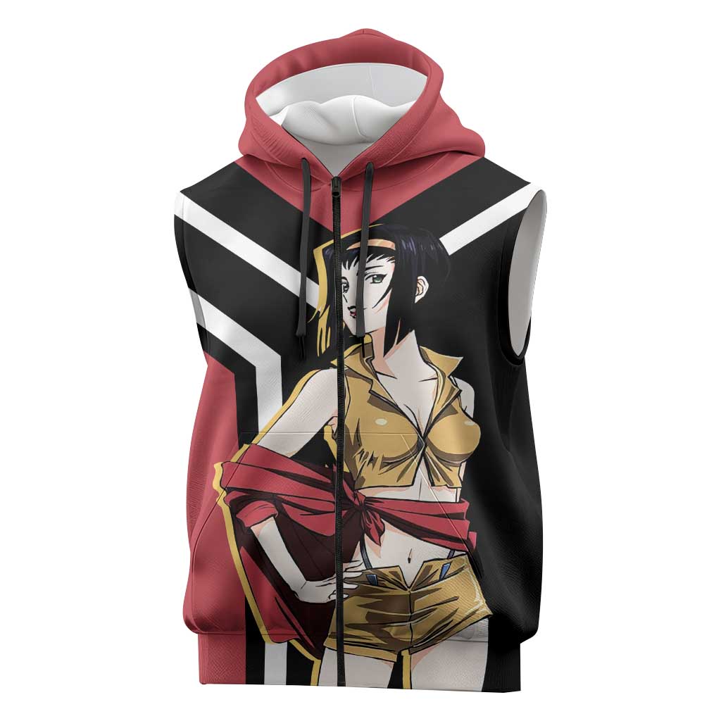Faye Valentine Cowboy Bebop Sleeveless Zip Hoodie with Confident Pose and Stylish Space Design - The Mazicc