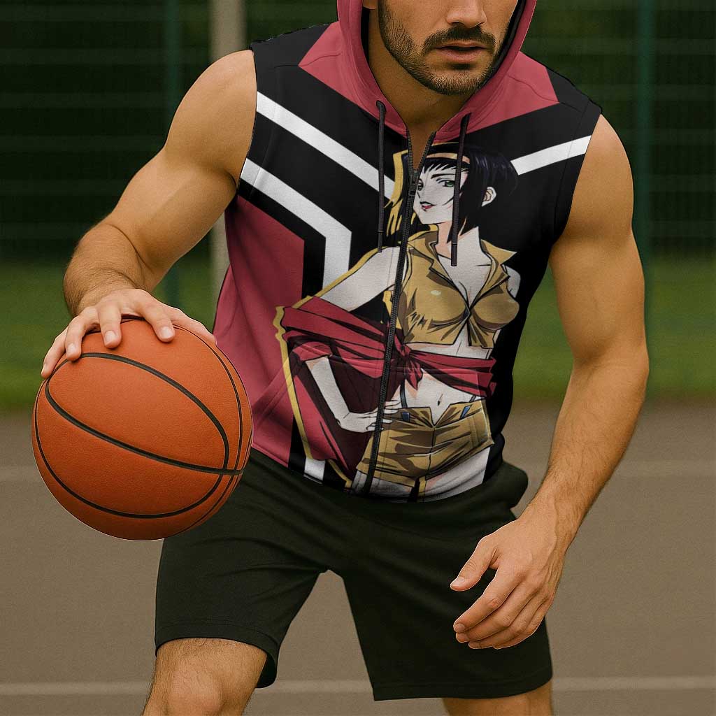 Faye Valentine Cowboy Bebop Sleeveless Zip Hoodie with Confident Pose and Stylish Space Design - The Mazicc