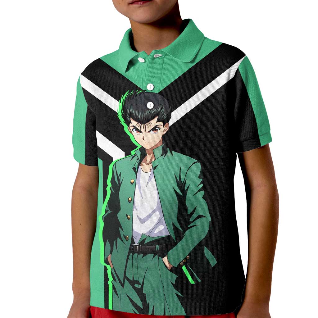Yusuke Urameshi Yu Yu Hakusho Kid Polo Shirt with Spirit Gun Pose and Action-Packed Design - The Mazicc