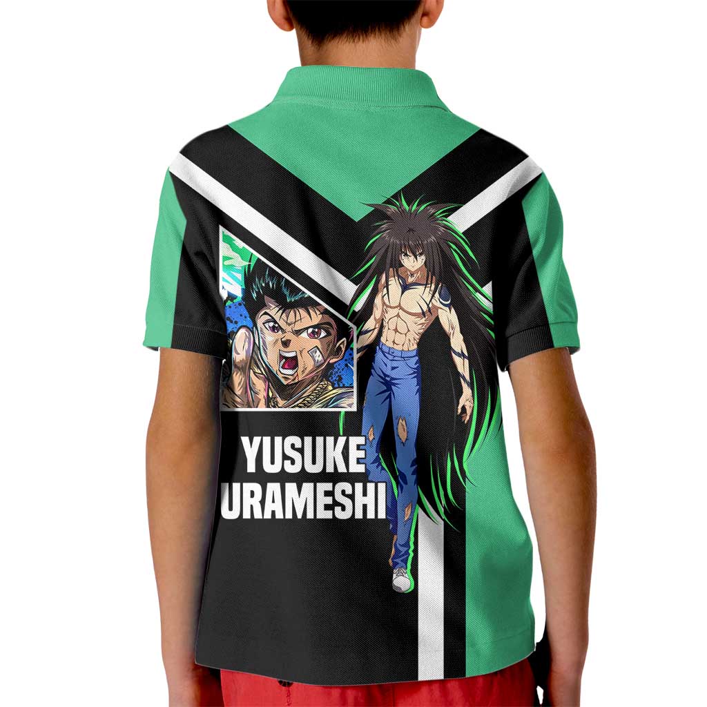 Yusuke Urameshi Yu Yu Hakusho Kid Polo Shirt with Spirit Gun Pose and Action-Packed Design - The Mazicc