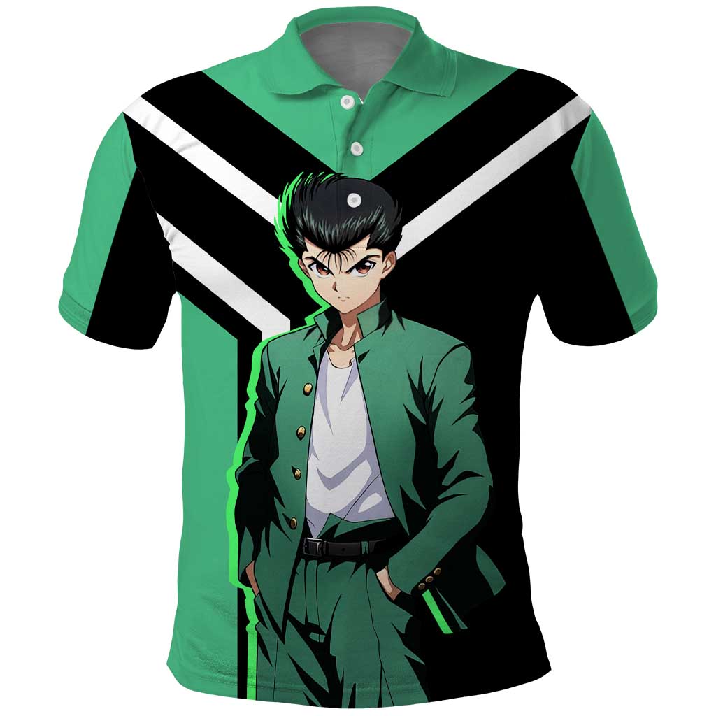 Yusuke Urameshi Yu Yu Hakusho Polo Shirt with Spirit Gun Pose and Action-Packed Design - The Mazicc