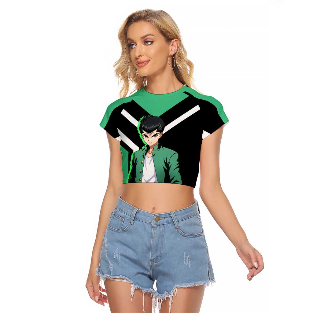 Yusuke Urameshi Yu Yu Hakusho Raglan Cropped T Shirt with Spirit Gun Pose and Action-Packed Design - The Mazicc