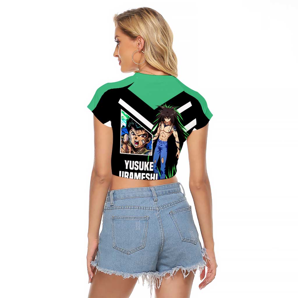 Yusuke Urameshi Yu Yu Hakusho Raglan Cropped T Shirt with Spirit Gun Pose and Action-Packed Design - The Mazicc