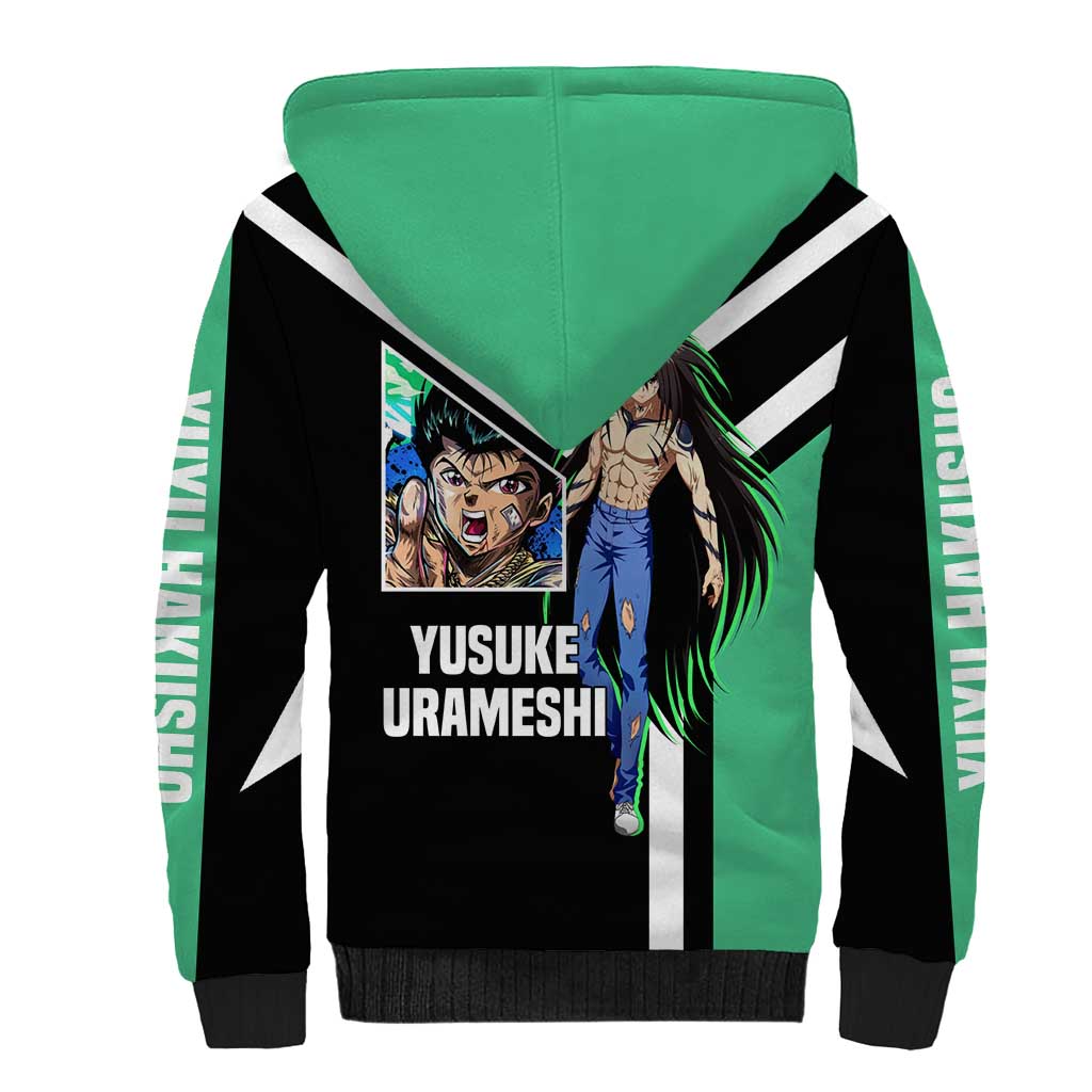 Yusuke Urameshi Yu Yu Hakusho Sherpa Hoodie with Spirit Gun Pose and Action-Packed Design - The Mazicc
