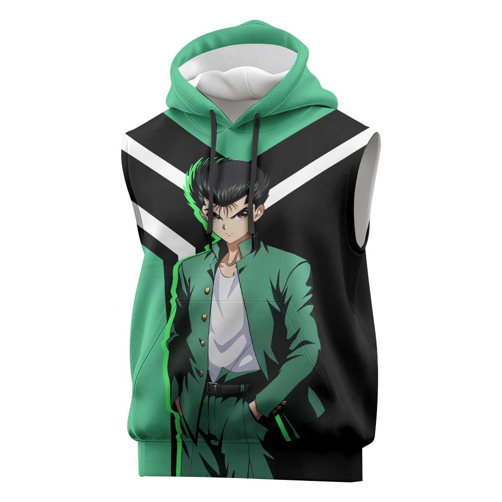 Yusuke Urameshi Yu Yu Hakusho Sleeveless Hoodie with Spirit Gun Pose and Action-Packed Design - The Mazicc