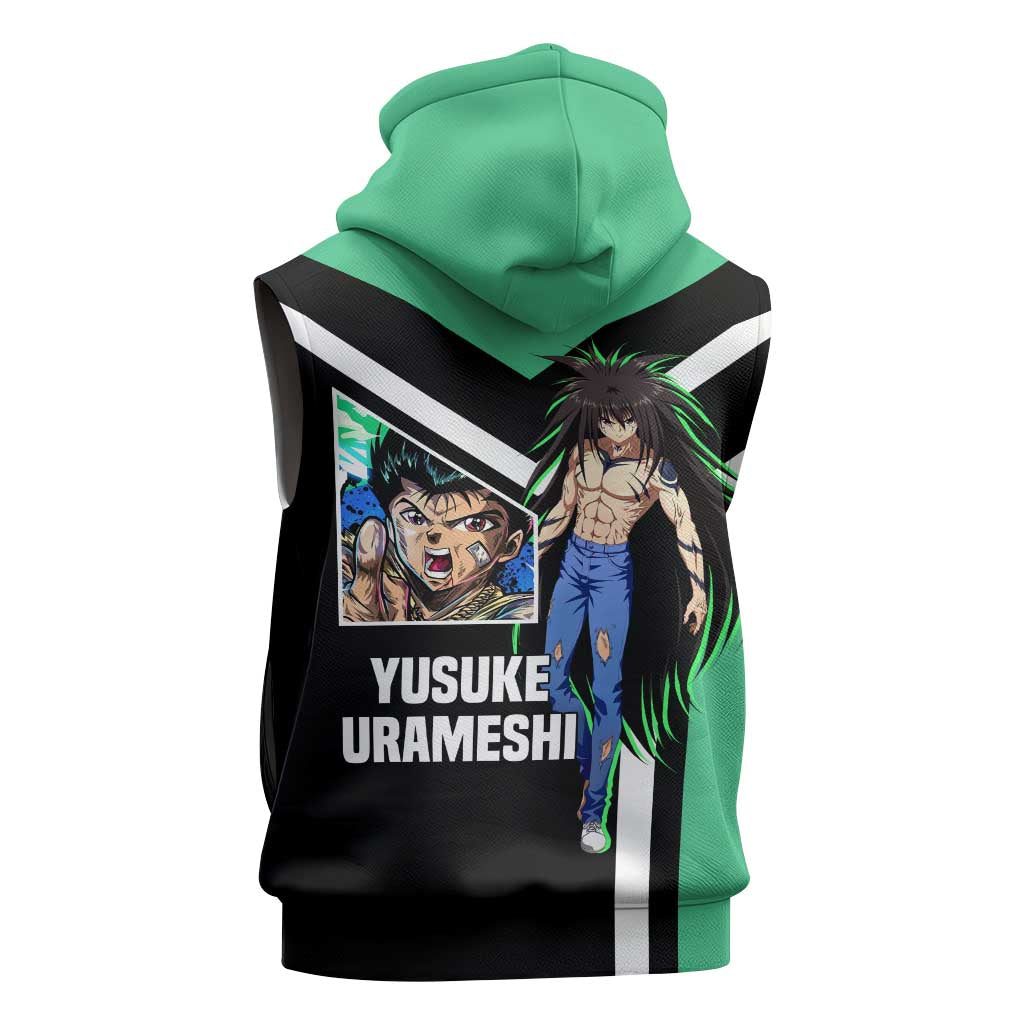 Yusuke Urameshi Yu Yu Hakusho Sleeveless Hoodie with Spirit Gun Pose and Action-Packed Design - The Mazicc