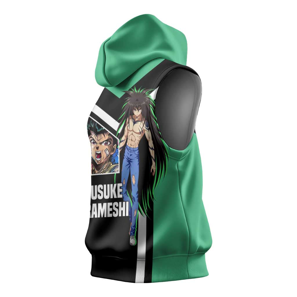 Yusuke Urameshi Yu Yu Hakusho Sleeveless Hoodie with Spirit Gun Pose and Action-Packed Design - The Mazicc
