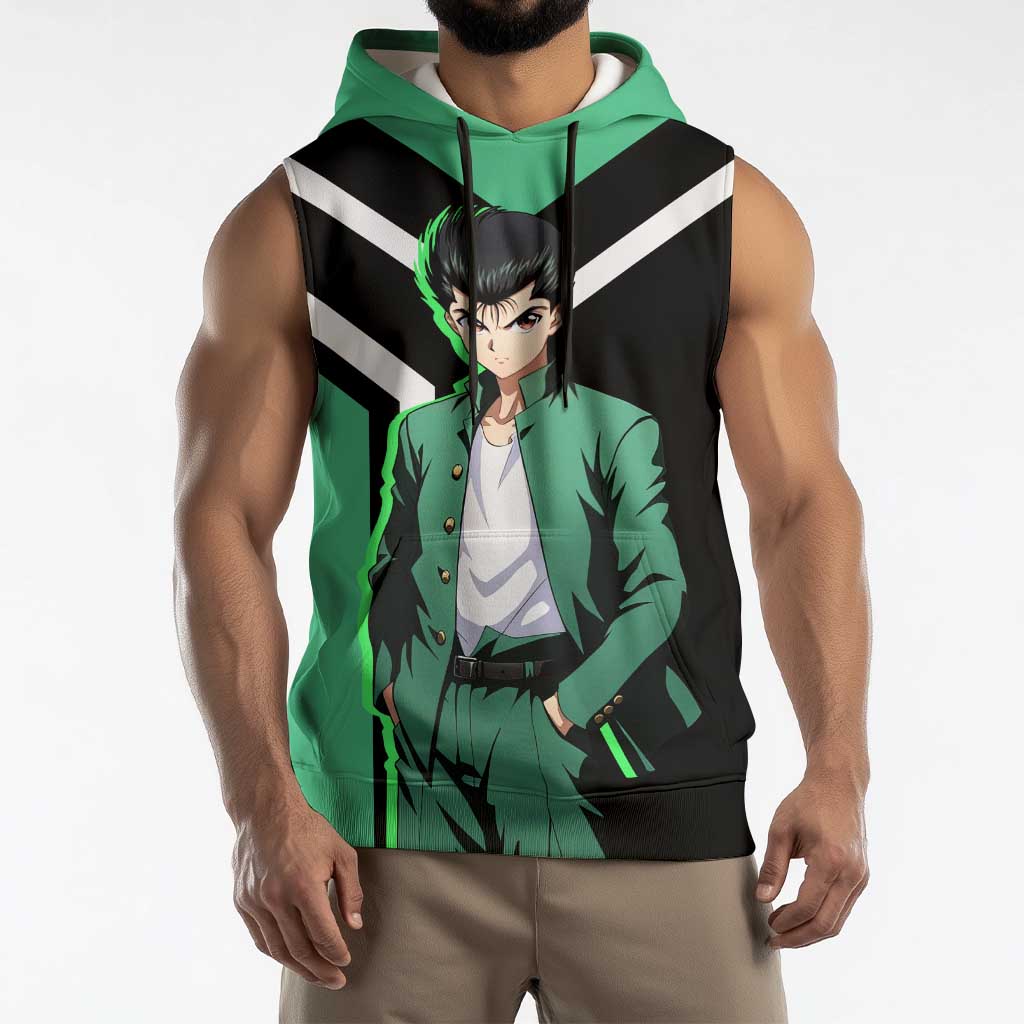 Yusuke Urameshi Yu Yu Hakusho Sleeveless Hoodie with Spirit Gun Pose and Action-Packed Design - The Mazicc