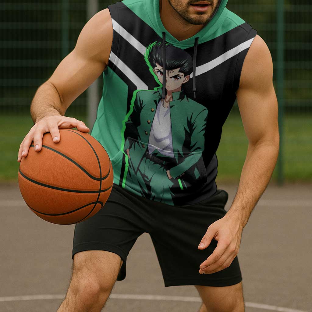 Yusuke Urameshi Yu Yu Hakusho Sleeveless Hoodie with Spirit Gun Pose and Action-Packed Design - The Mazicc