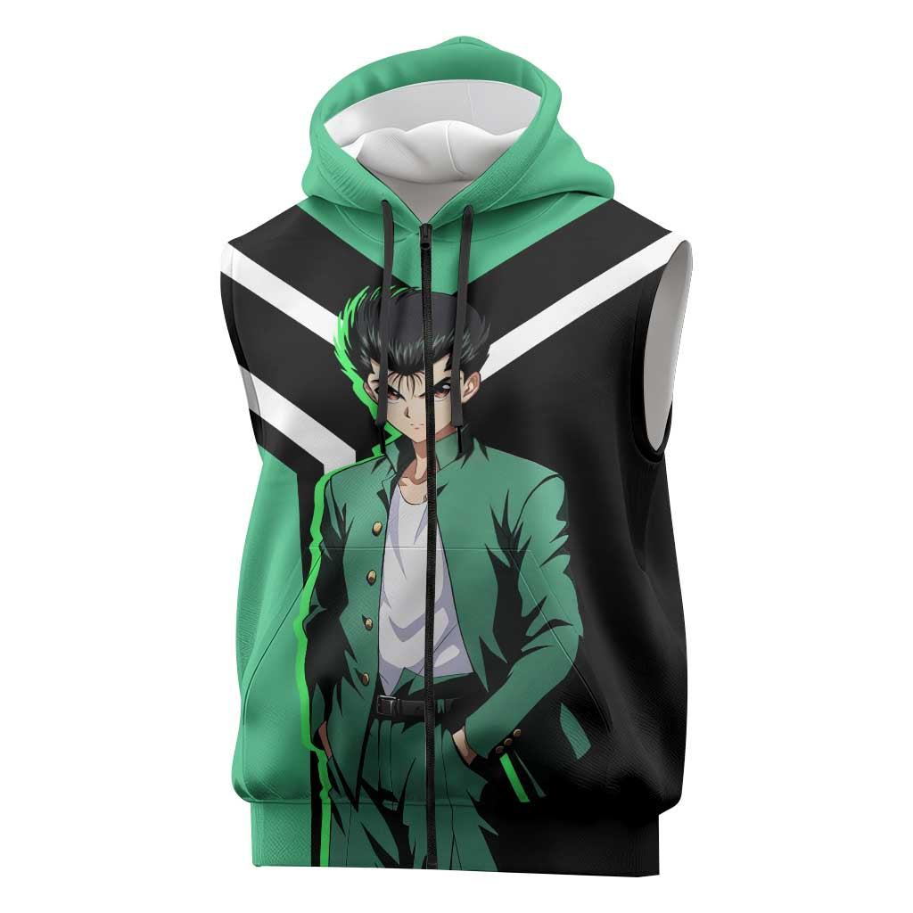 Yusuke Urameshi Yu Yu Hakusho Sleeveless Zip Hoodie with Spirit Gun Pose and Action-Packed Design - The Mazicc