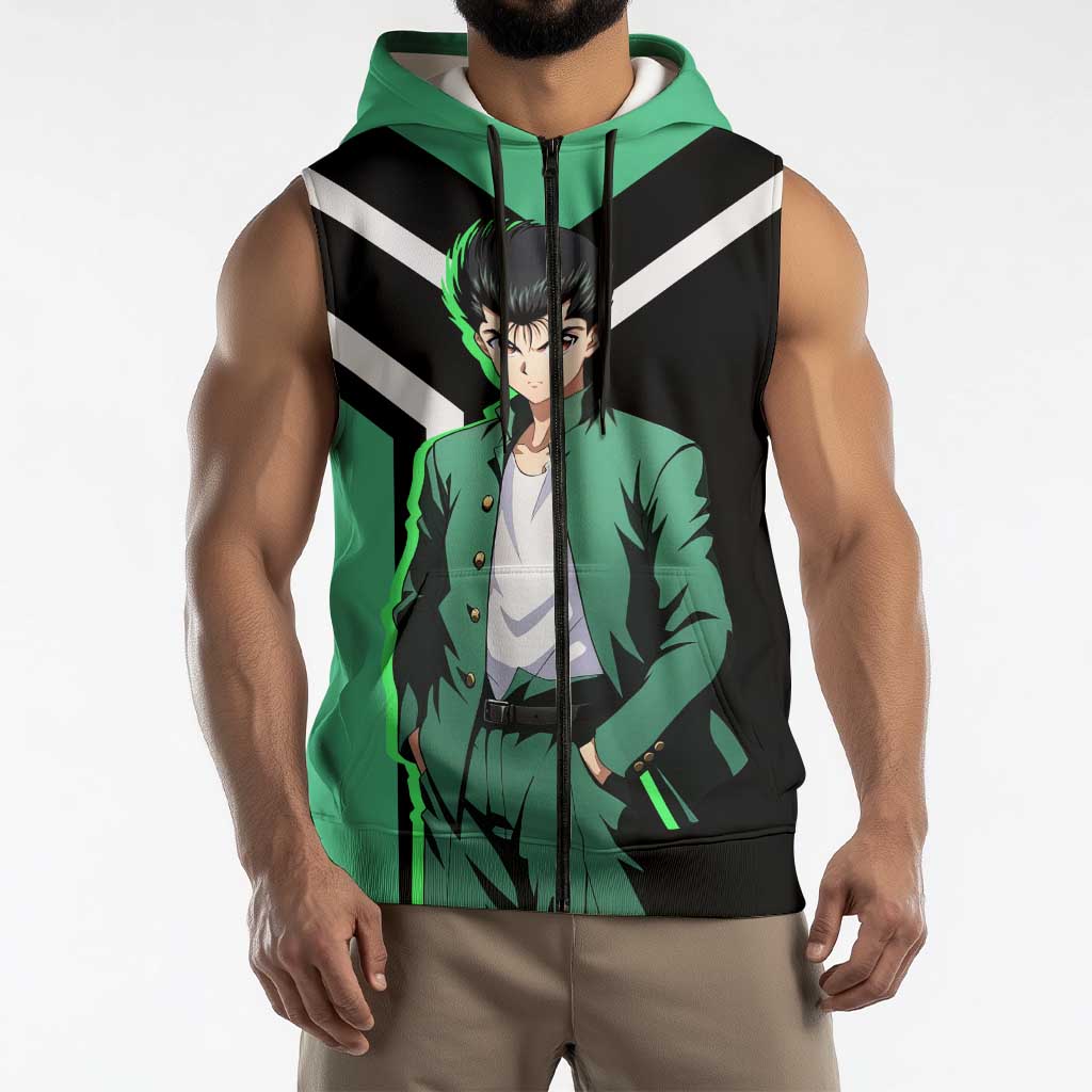 Yusuke Urameshi Yu Yu Hakusho Sleeveless Zip Hoodie with Spirit Gun Pose and Action-Packed Design - The Mazicc