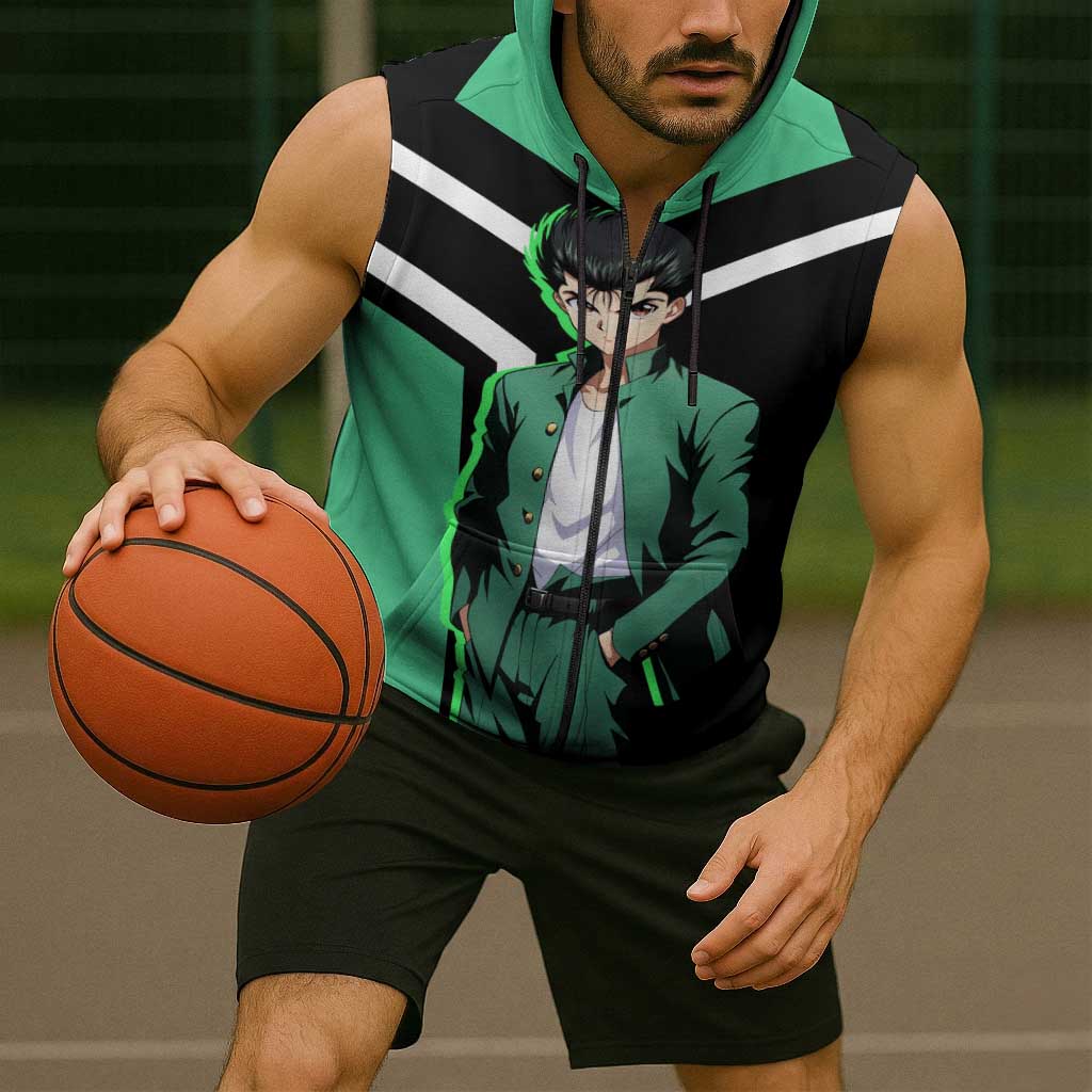 Yusuke Urameshi Yu Yu Hakusho Sleeveless Zip Hoodie with Spirit Gun Pose and Action-Packed Design - The Mazicc
