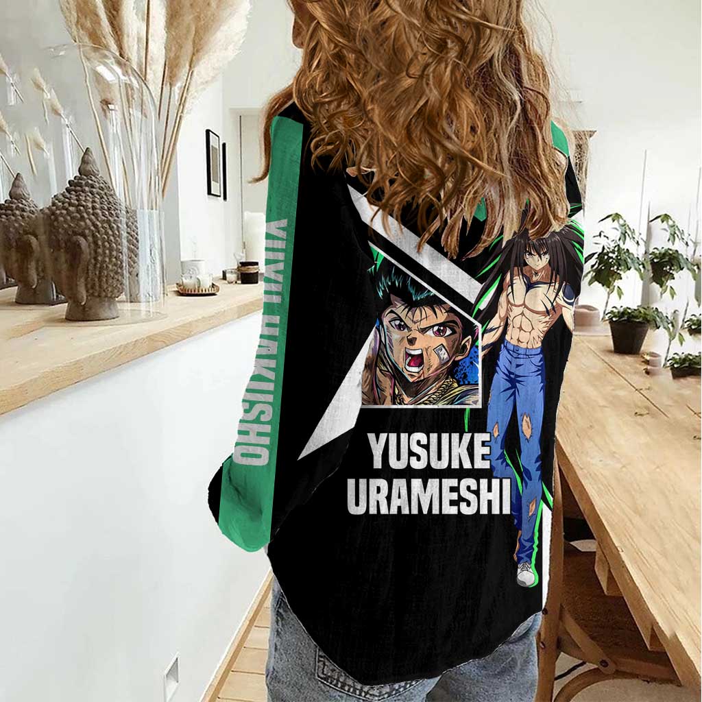 Yusuke Urameshi Yu Yu Hakusho Women Casual Shirt with Spirit Gun Pose and Action-Packed Design - The Mazicc