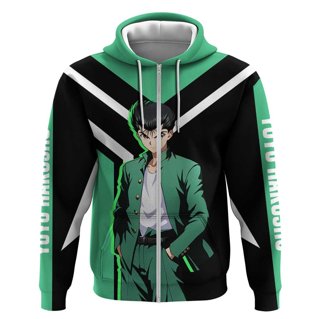 Yusuke Urameshi Yu Yu Hakusho Zip Hoodie with Spirit Gun Pose and Action-Packed Design - The Mazicc