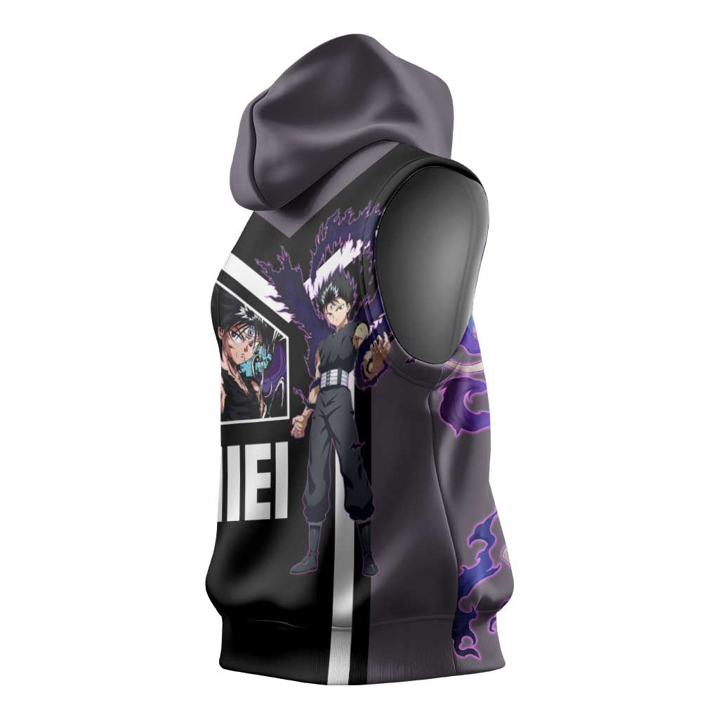 Hiei Yu Yu Hakusho Sleeveless Hoodie with Jagan Eye and Intense Battle Pose Design - The Mazicc