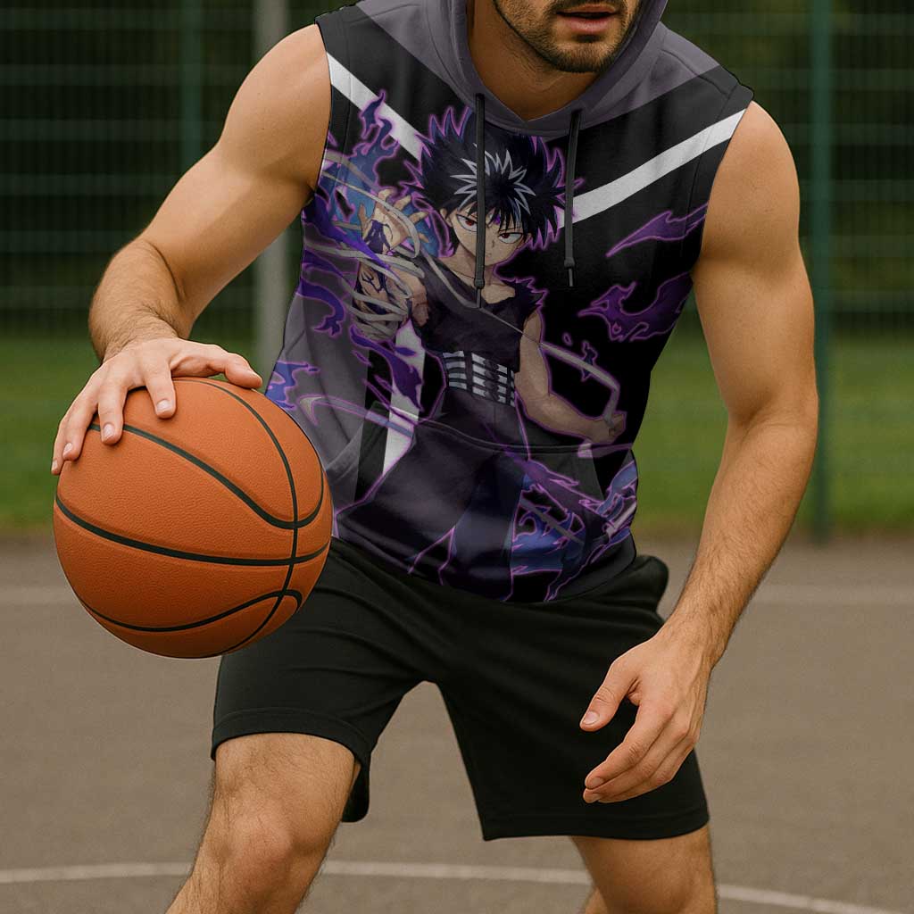 Hiei Yu Yu Hakusho Sleeveless Hoodie with Jagan Eye and Intense Battle Pose Design - The Mazicc