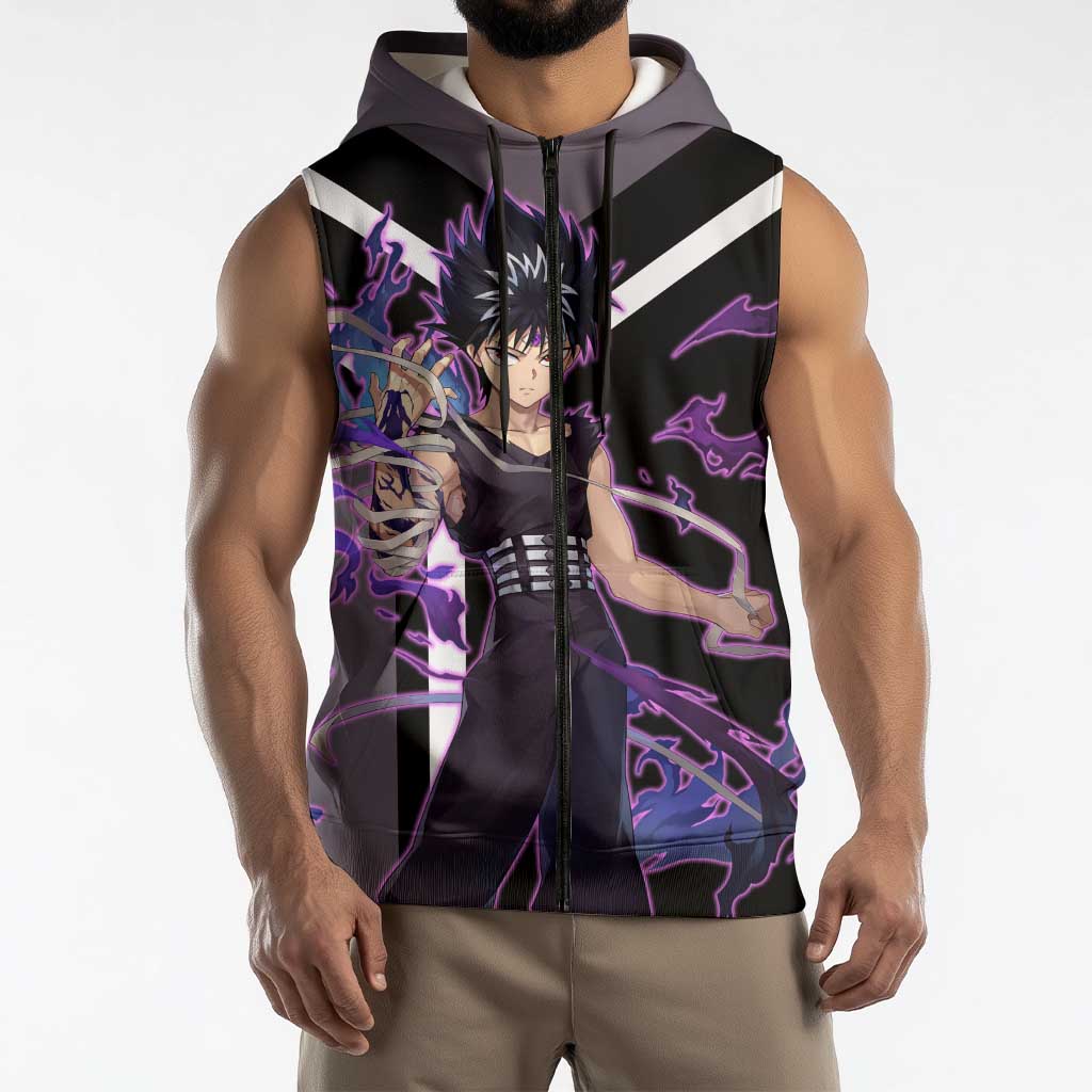 Hiei Yu Yu Hakusho Sleeveless Zip Hoodie with Jagan Eye and Intense Battle Pose Design - The Mazicc
