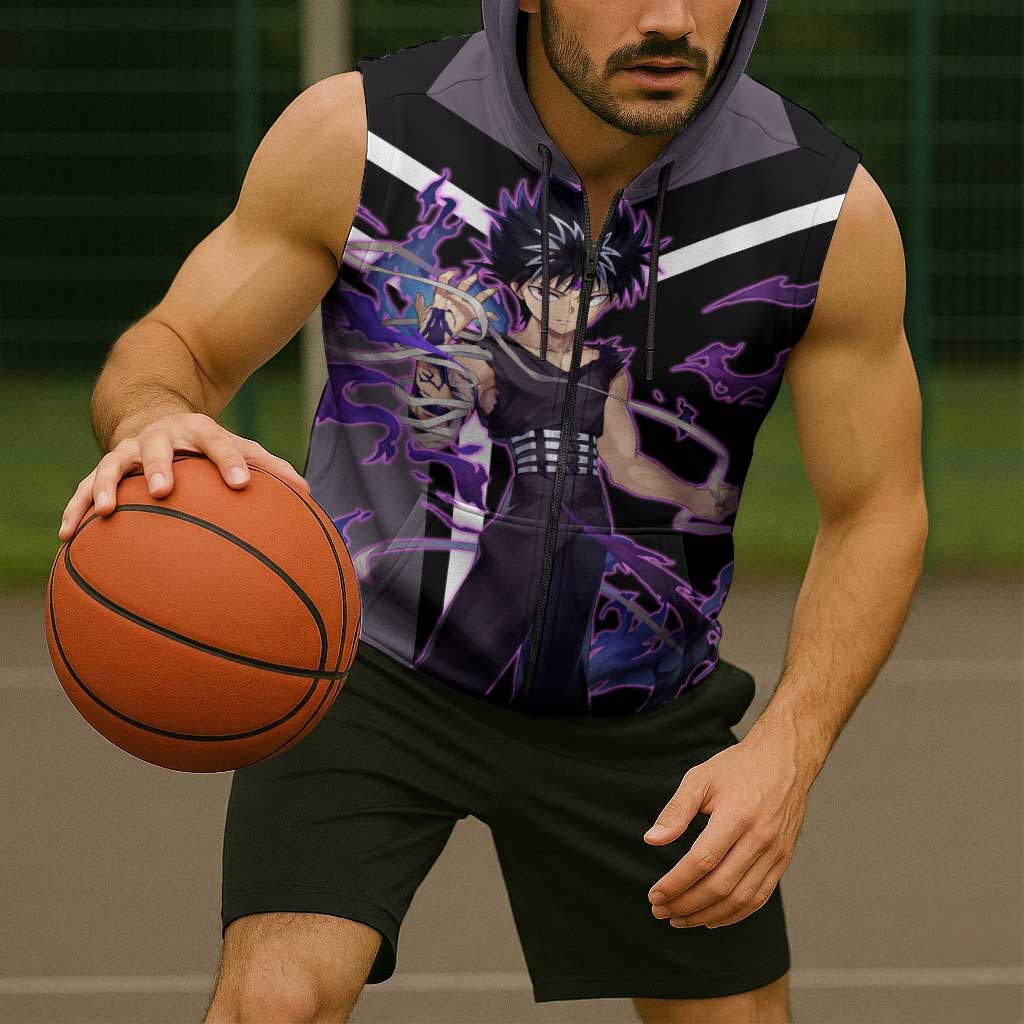 Hiei Yu Yu Hakusho Sleeveless Zip Hoodie with Jagan Eye and Intense Battle Pose Design - The Mazicc