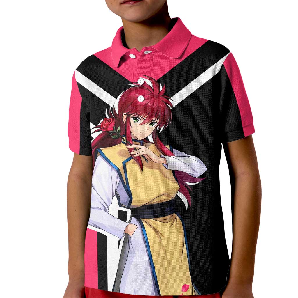 Kurama Yu Yu Hakusho Kid Polo Shirt with Fox Demon Form and Elegant Battle Pose Design - The Mazicc