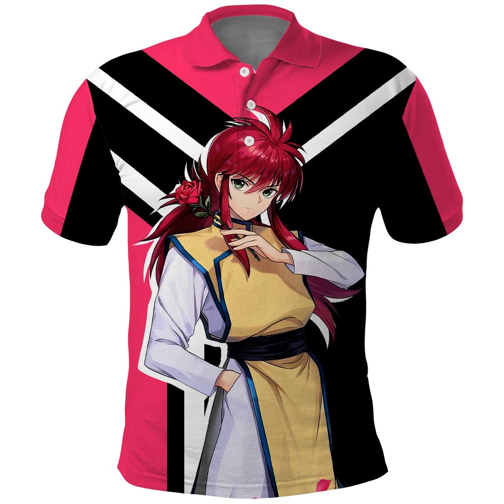 Kurama Yu Yu Hakusho Polo Shirt with Fox Demon Form and Elegant Battle Pose Design - The Mazicc