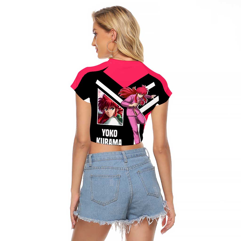 Kurama Yu Yu Hakusho Raglan Cropped T Shirt with Fox Demon Form and Elegant Battle Pose Design - The Mazicc