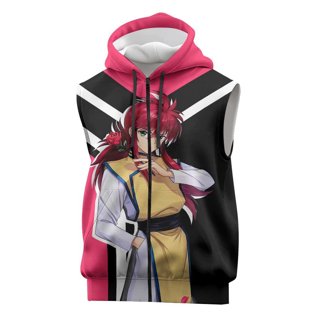 Kurama Yu Yu Hakusho Sleeveless Zip Hoodie with Fox Demon Form and Elegant Battle Pose Design - The Mazicc