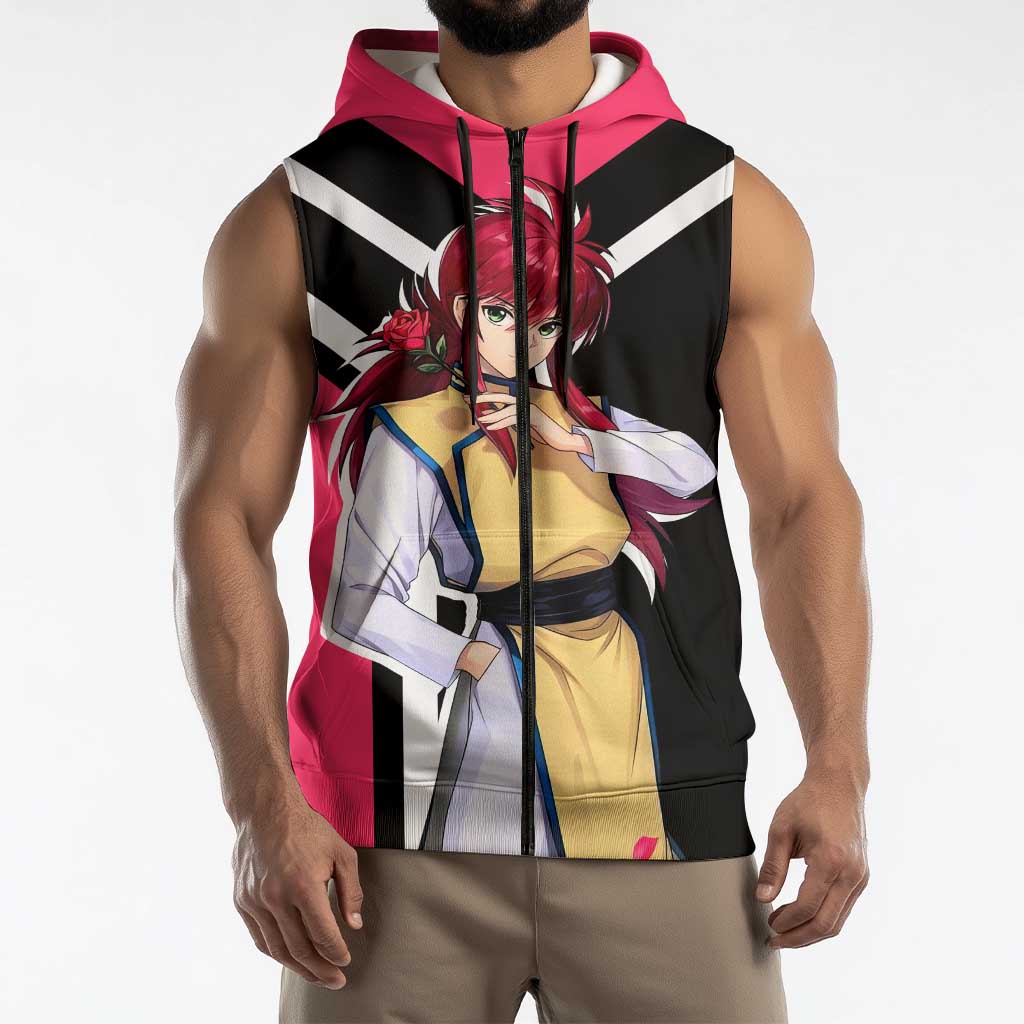 Kurama Yu Yu Hakusho Sleeveless Zip Hoodie with Fox Demon Form and Elegant Battle Pose Design - The Mazicc