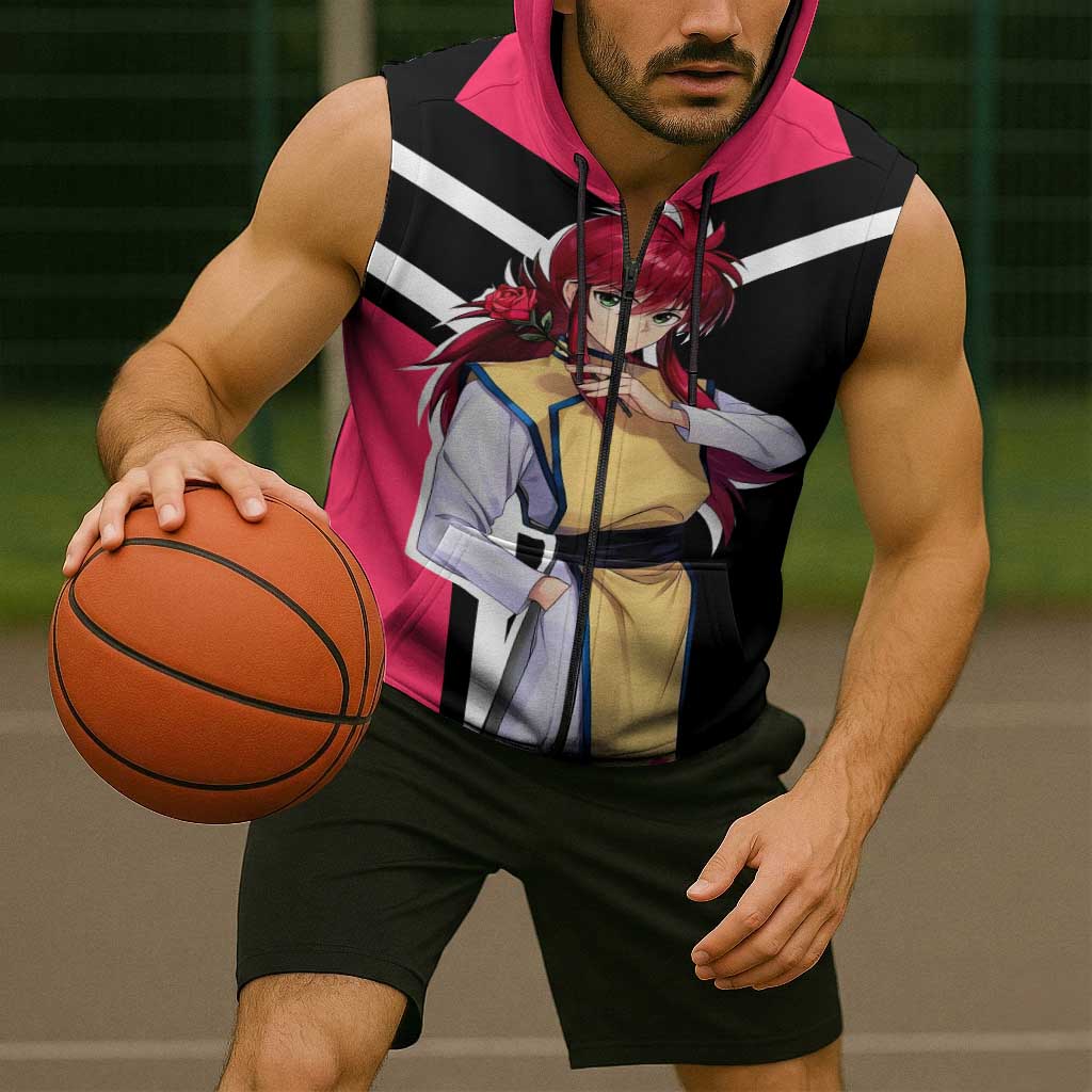 Kurama Yu Yu Hakusho Sleeveless Zip Hoodie with Fox Demon Form and Elegant Battle Pose Design - The Mazicc