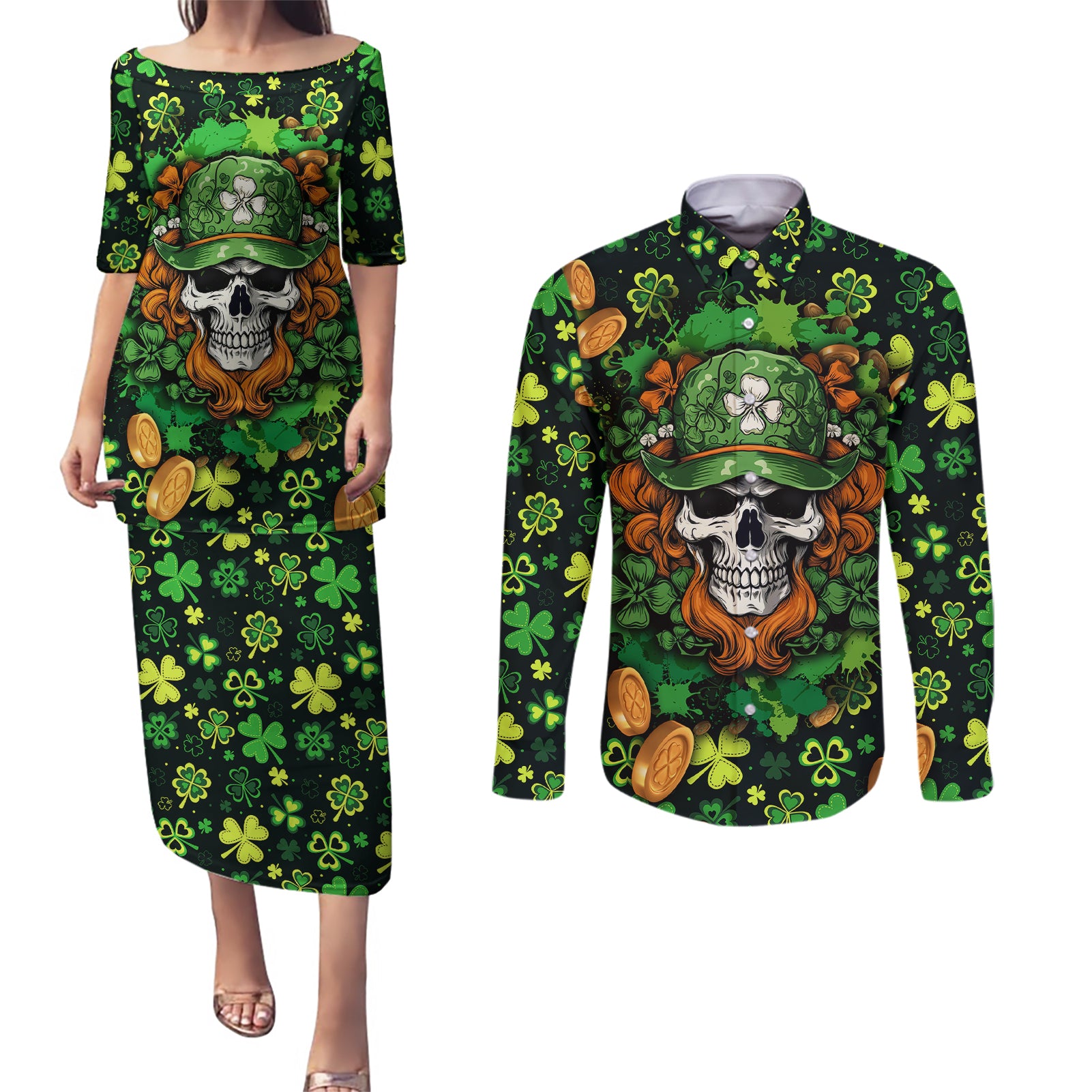 happy-st-patricks-day-skull-couples-matching-puletasi-dress-and-long-sleeve-button-shirts