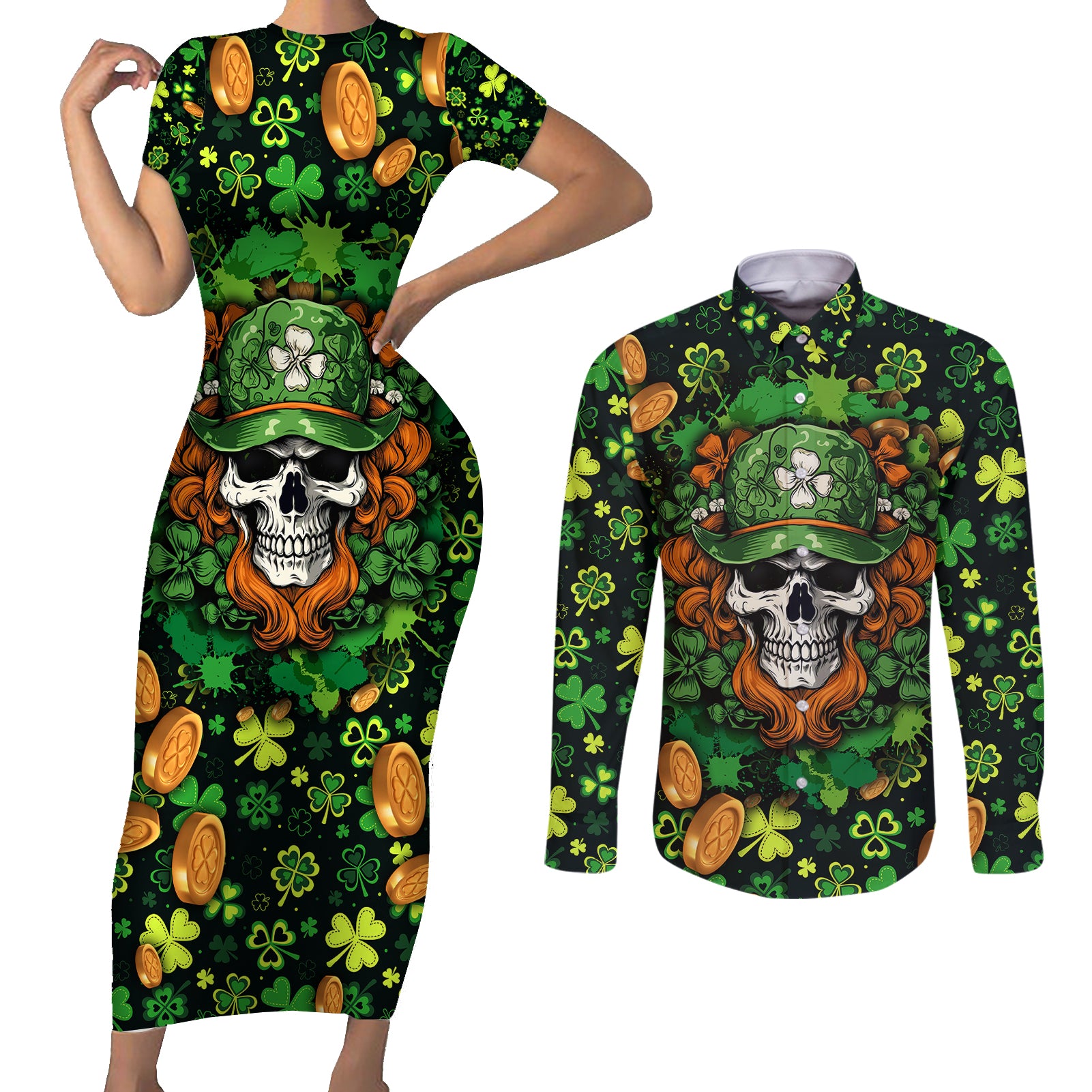 happy-st-patricks-day-skull-couples-matching-short-sleeve-bodycon-dress-and-long-sleeve-button-shirts