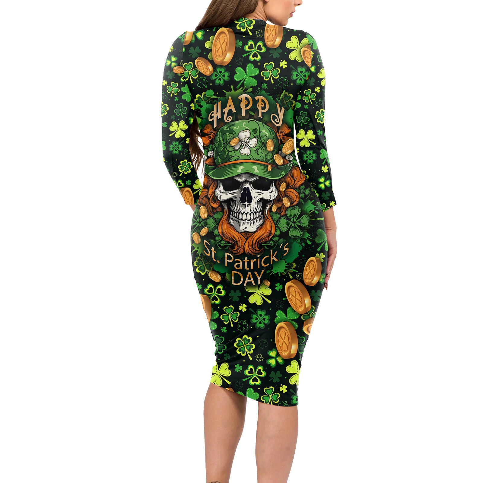 happy-st-patricks-day-skull-long-sleeve-bodycon-dress