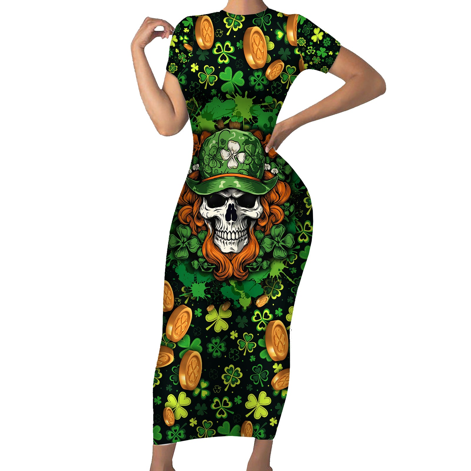 happy-st-patricks-day-skull-short-sleeve-bodycon-dress