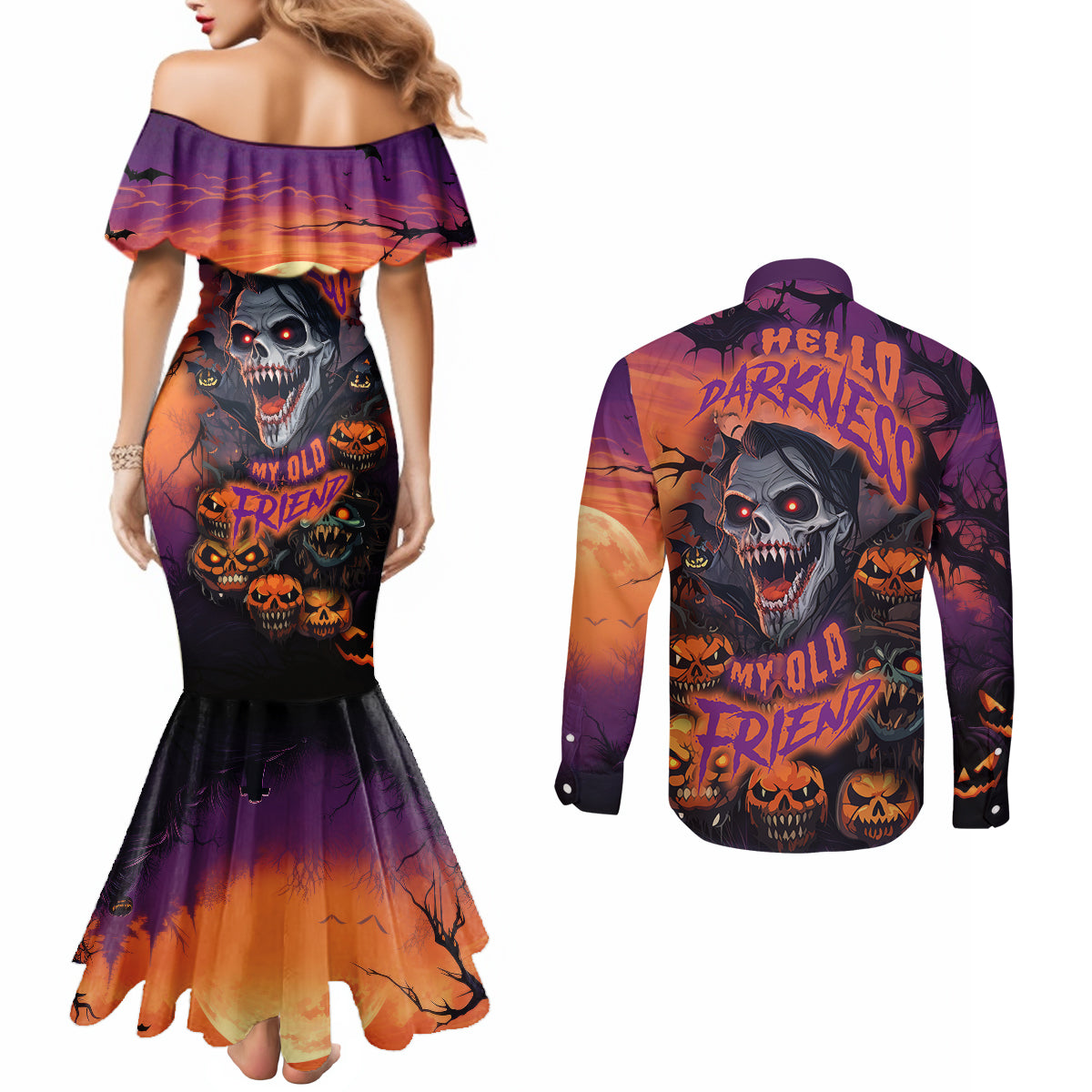 halloween-skull-couples-matching-mermaid-dress-and-long-sleeve-button-shirts-hello-darkness-my-old-friend