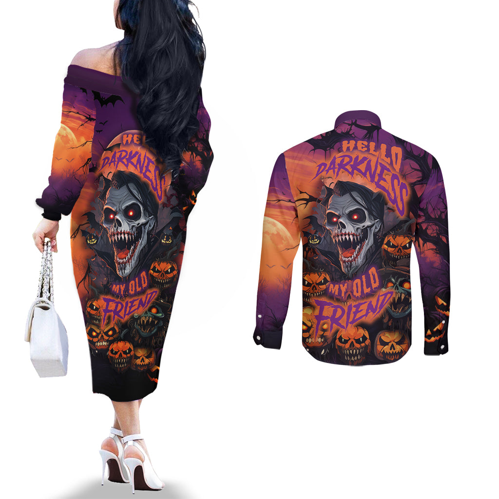 halloween-skull-couples-matching-off-the-shoulder-long-sleeve-dress-and-long-sleeve-button-shirts-hello-darkness-my-old-friend