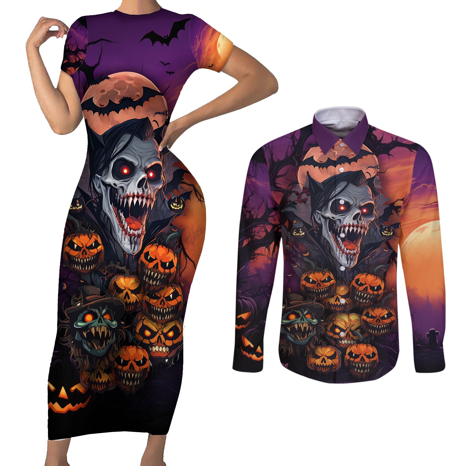 halloween-skull-couples-matching-short-sleeve-bodycon-dress-and-long-sleeve-button-shirts-hello-darkness-my-old-friend