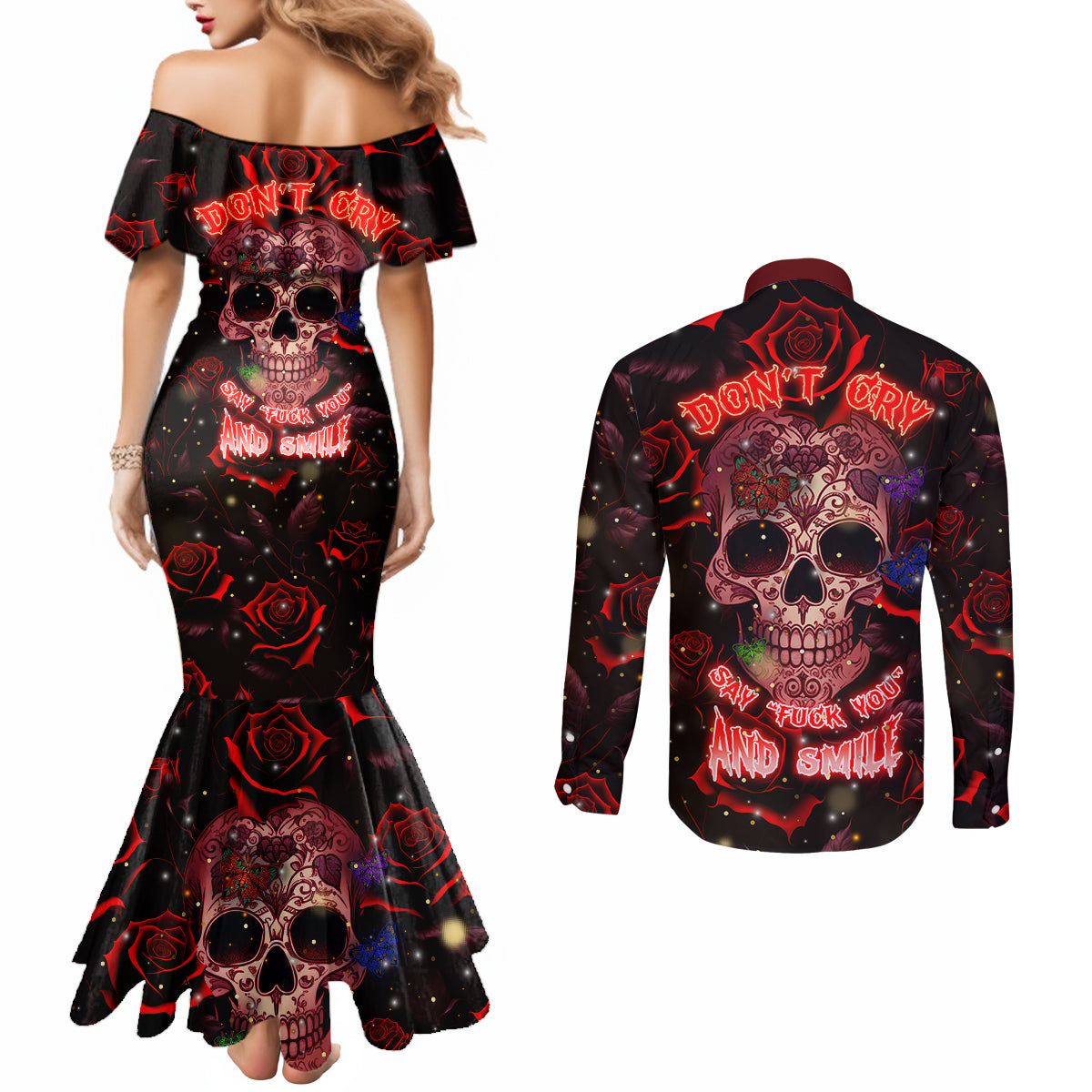 dont-cry-skull-couples-matching-mermaid-dress-and-long-sleeve-button-shirts