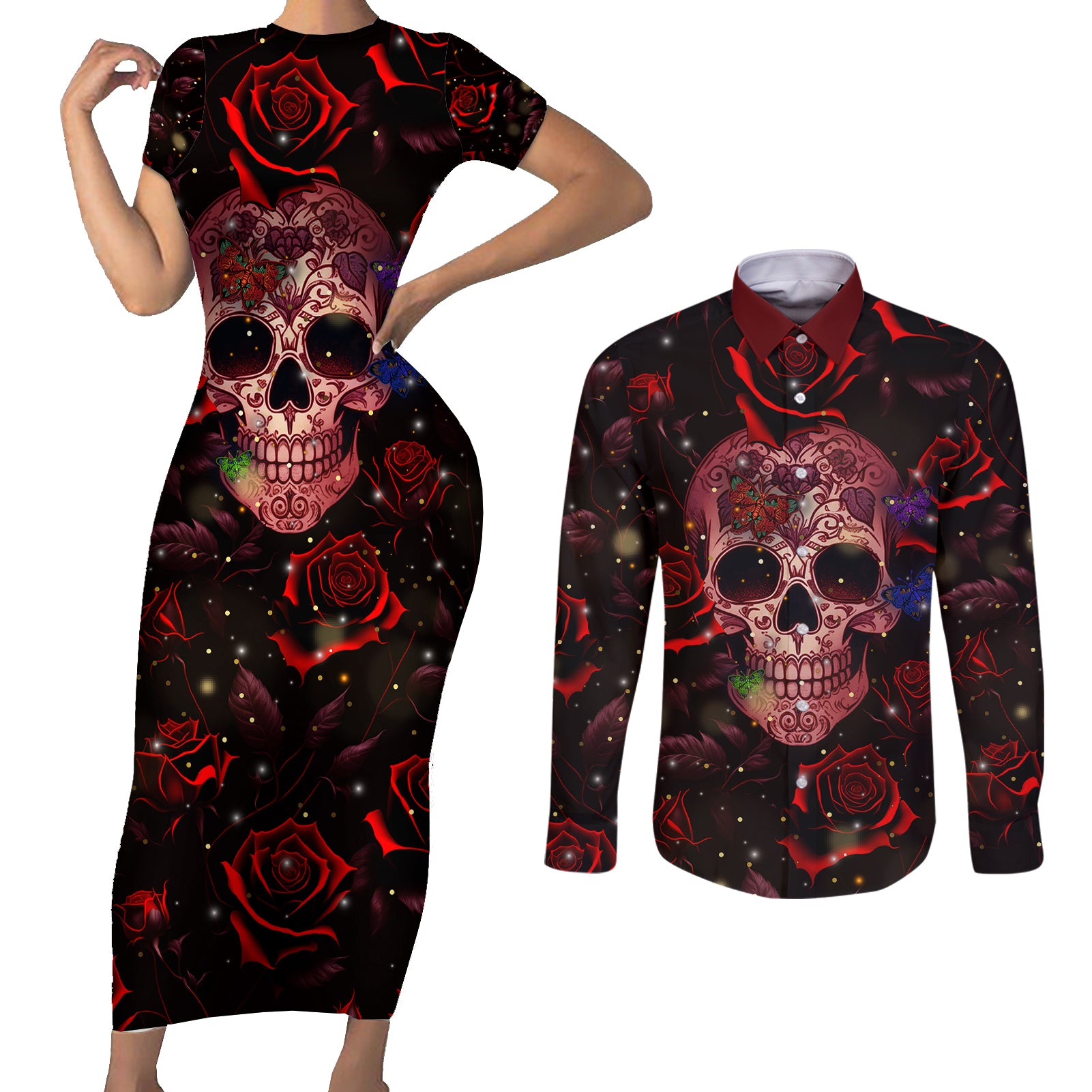 dont-cry-skull-couples-matching-short-sleeve-bodycon-dress-and-long-sleeve-button-shirts