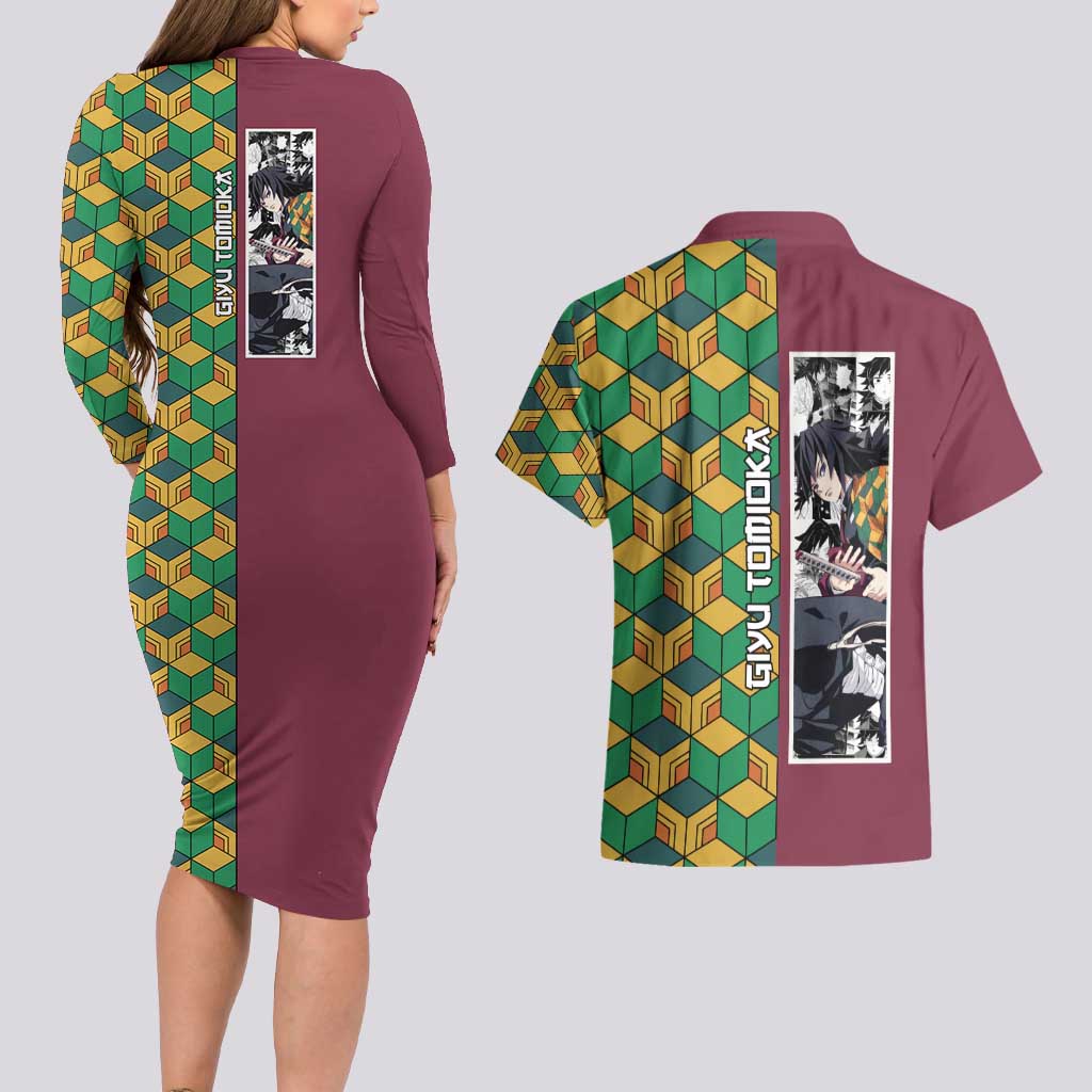 Tomioka Giyu Haori Demon Slayer Couples Matching Long Sleeve Bodycon Dress and Hawaiian Shirt Anime Style