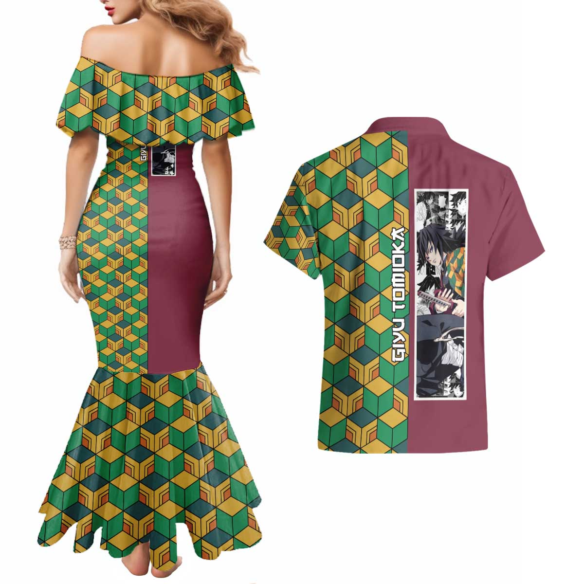 Tomioka Giyu Haori Demon Slayer Couples Matching Mermaid Dress and Hawaiian Shirt Anime Style