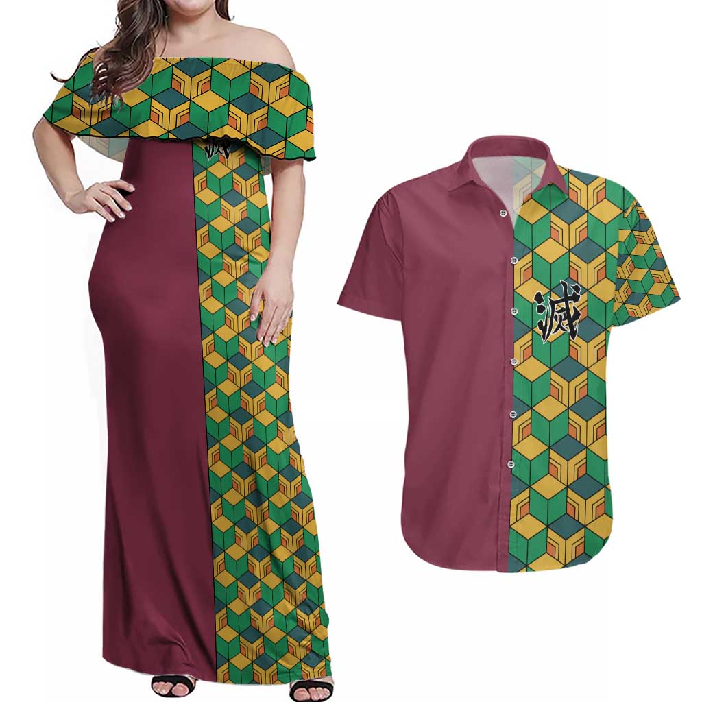 Tomioka Giyu Haori Demon Slayer Couples Matching Off Shoulder Maxi Dress and Hawaiian Shirt Anime Style