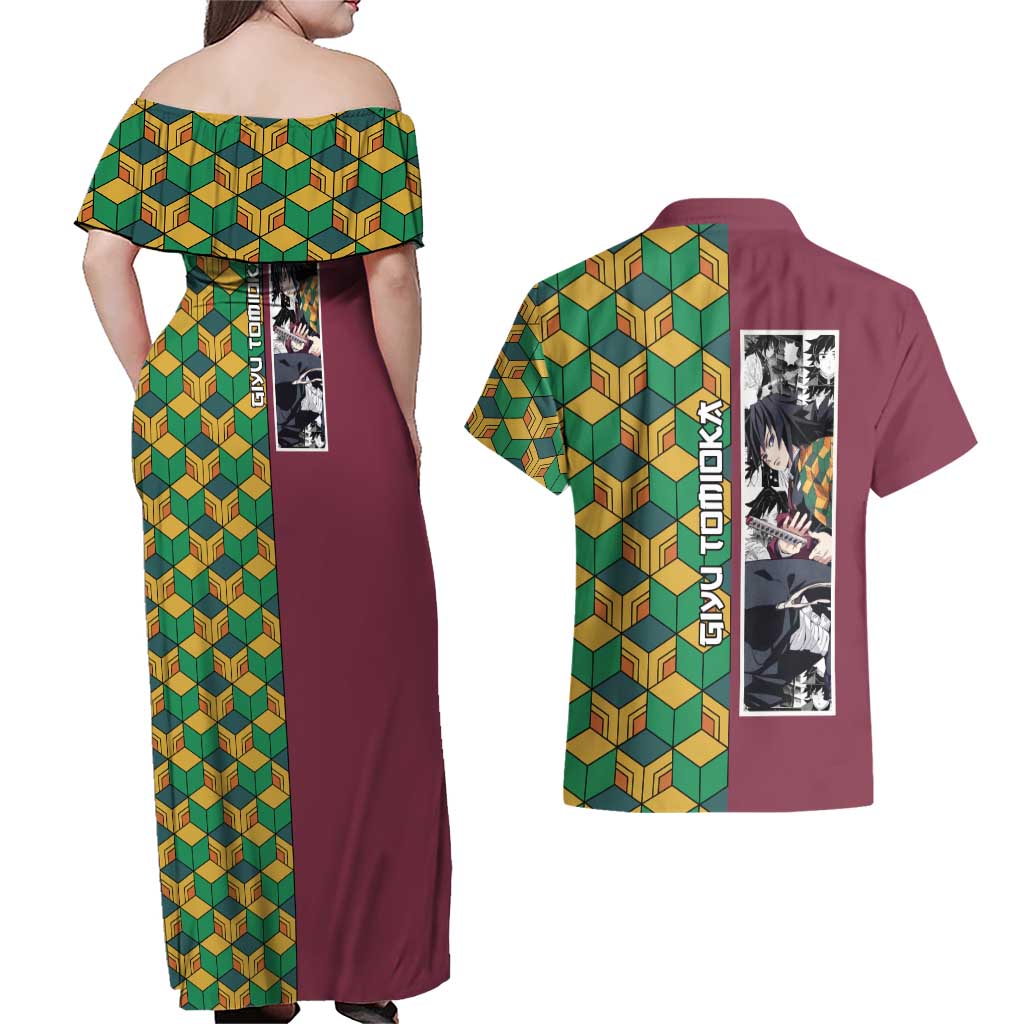 Tomioka Giyu Haori Demon Slayer Couples Matching Off Shoulder Maxi Dress and Hawaiian Shirt Anime Style