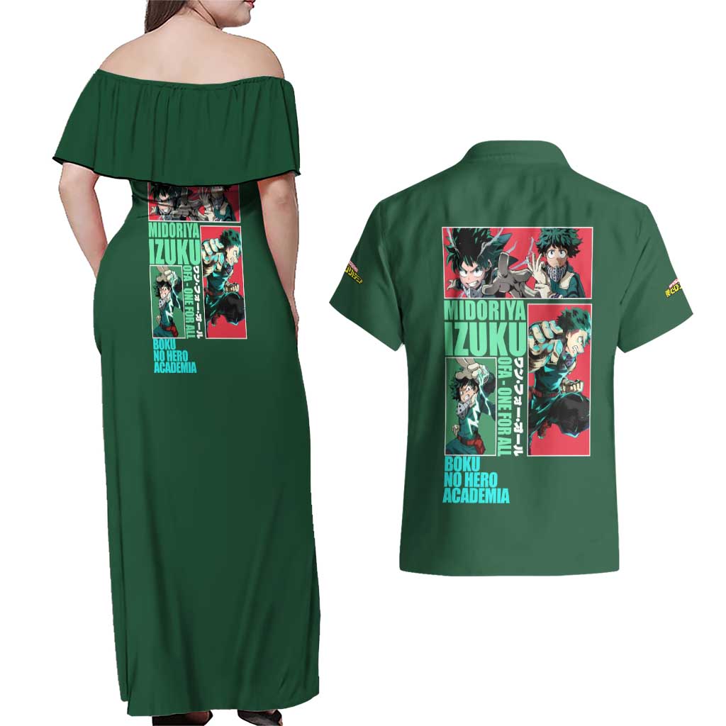 Midoriya Izuku My Hero Academia Couples Matching Off Shoulder Maxi Dress and Hawaiian Shirt Anime Style